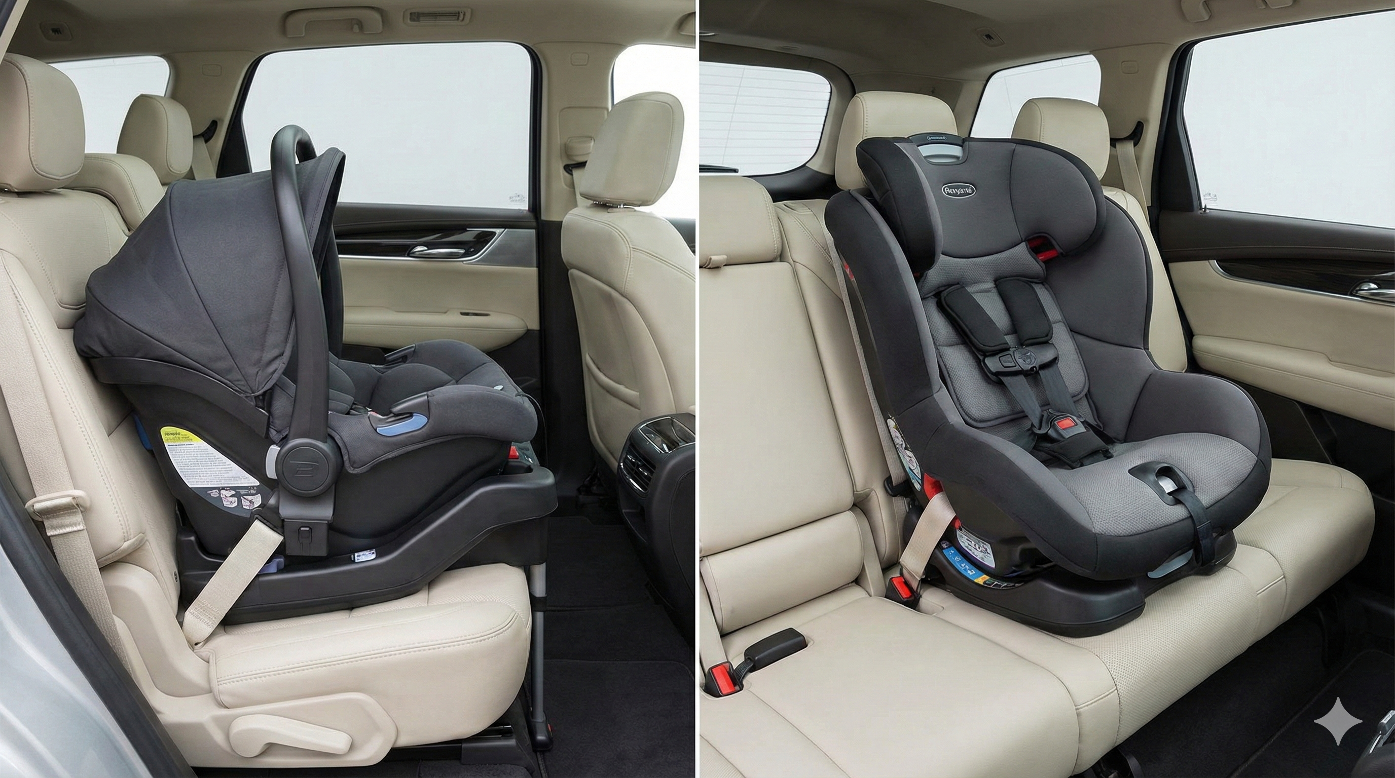 Comparison diagram showing rear-facing vs forward-facing car seat crash dynamics
